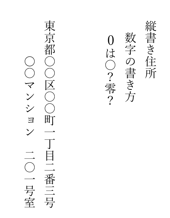 縦書きの住所で漢数字を書く見本（0は〇を使用）